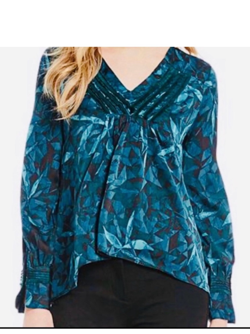 H by Halston Teal Geometric V-Neck Blouse